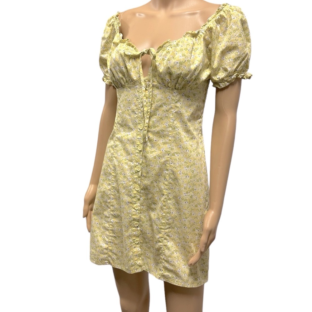 Hesperus Off Shoulder Button Up Yellow Green Floral Mini Dress Womens Large